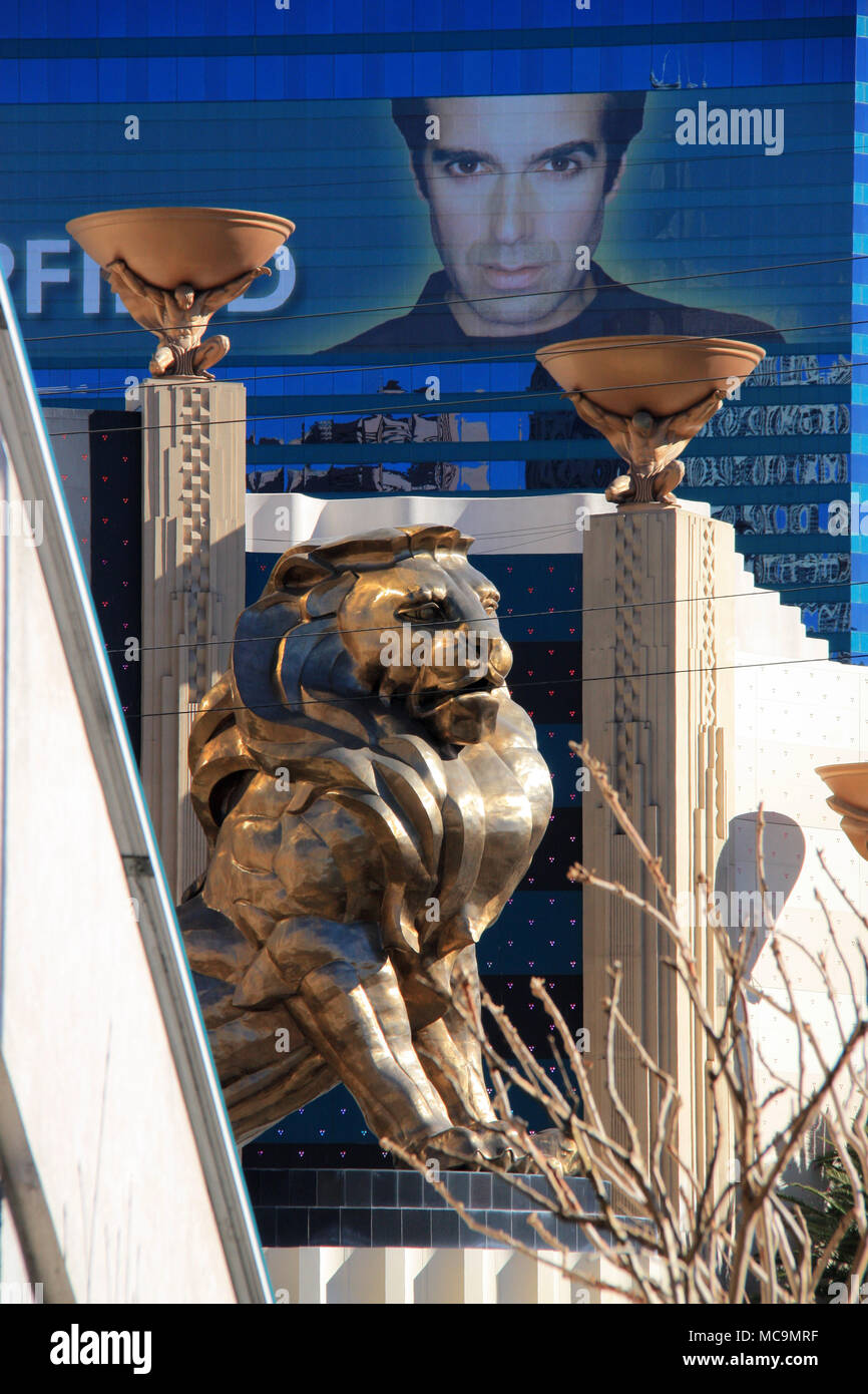 The statue of Leo, the mascot of the MGM Grand Las Vegas Hotel & Casino, with a billboard showing David Copperfield in the background, Las Vegas, NV Stock Photo
