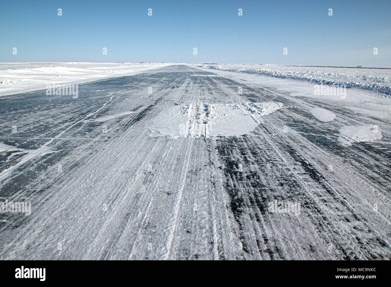 Ice road to the arctic hamlet of Tuktoyaktuk (partially built on the