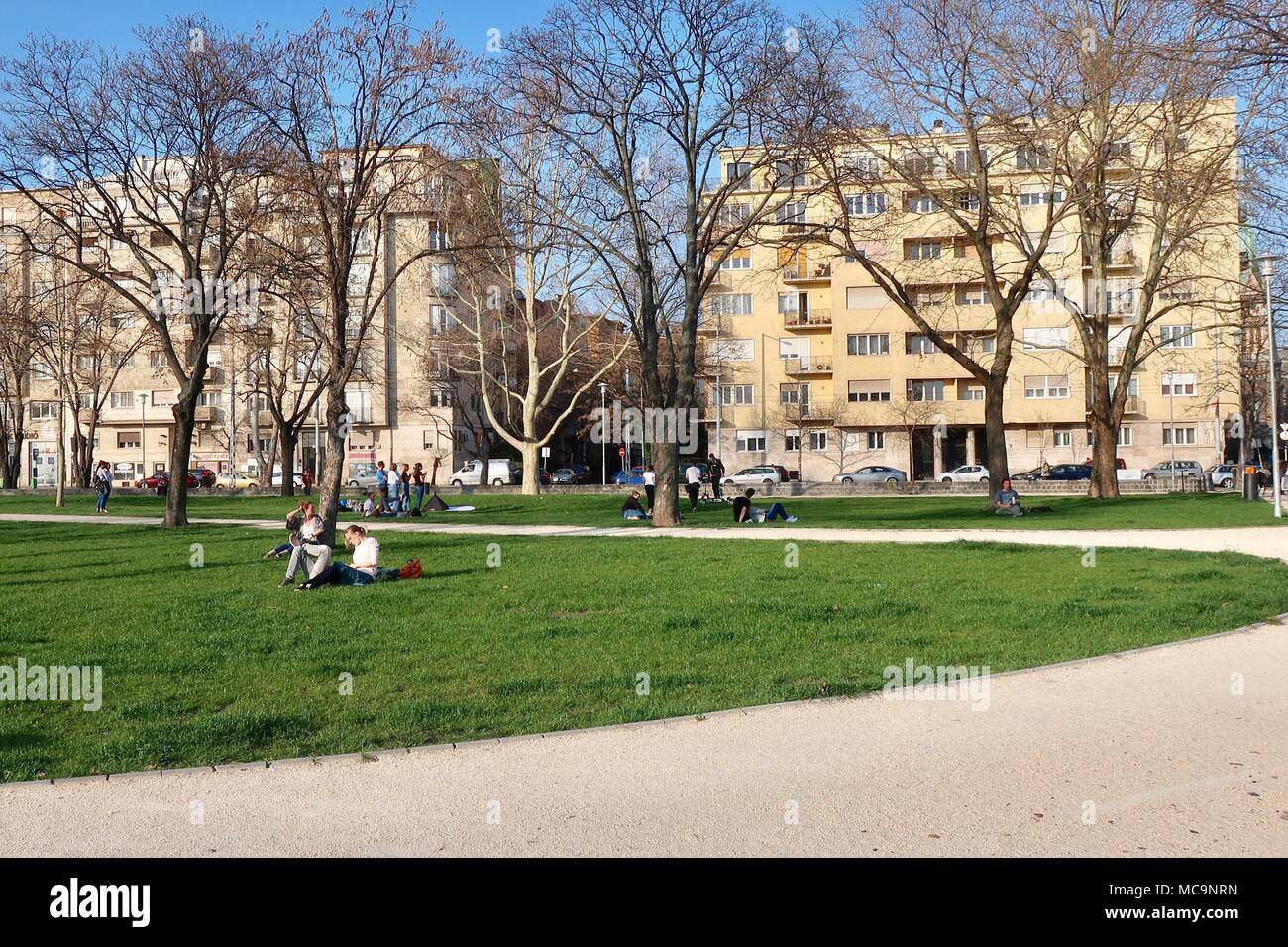 Flats / apartments beside the River Danube in Budapest, Hungary. People