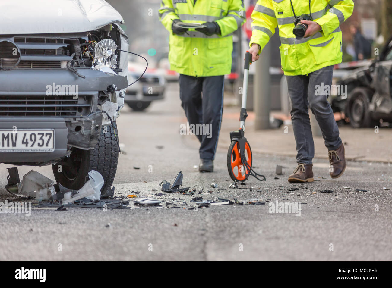 acquisition of accident data with measuring wheel Stock Photo