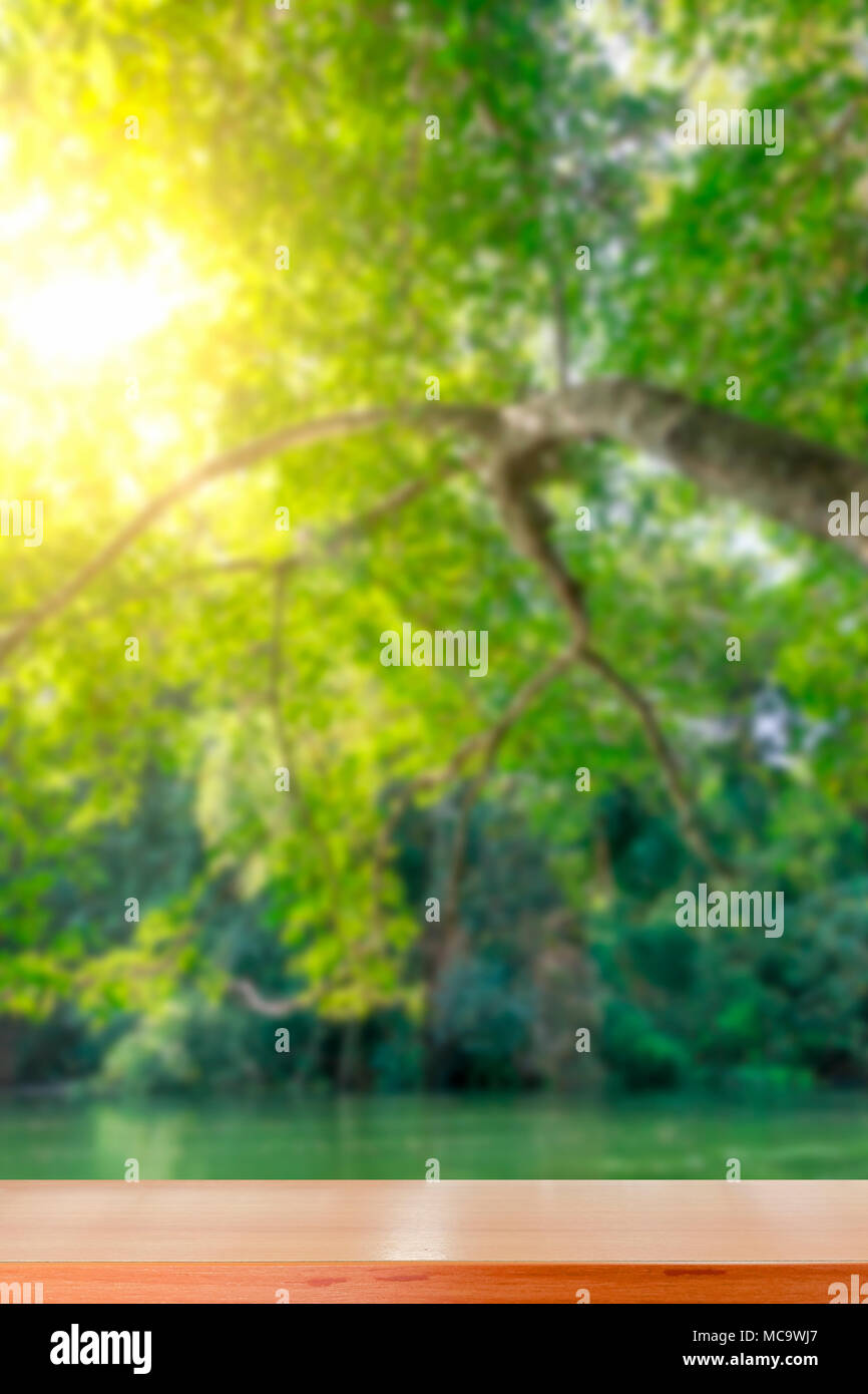 Empty wooden tabletop and green natural spring blur bokeh nature background Stock Photo