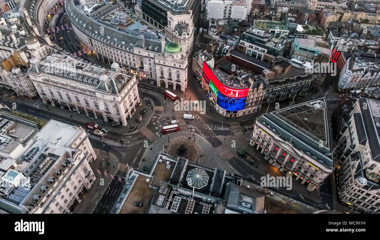 London's Iconic Square Piccadilly Circus Aerial View Famous Landmark Road Junction Piccadilly Lights feat. London Streets in England United Kingdom UK Stock Photo