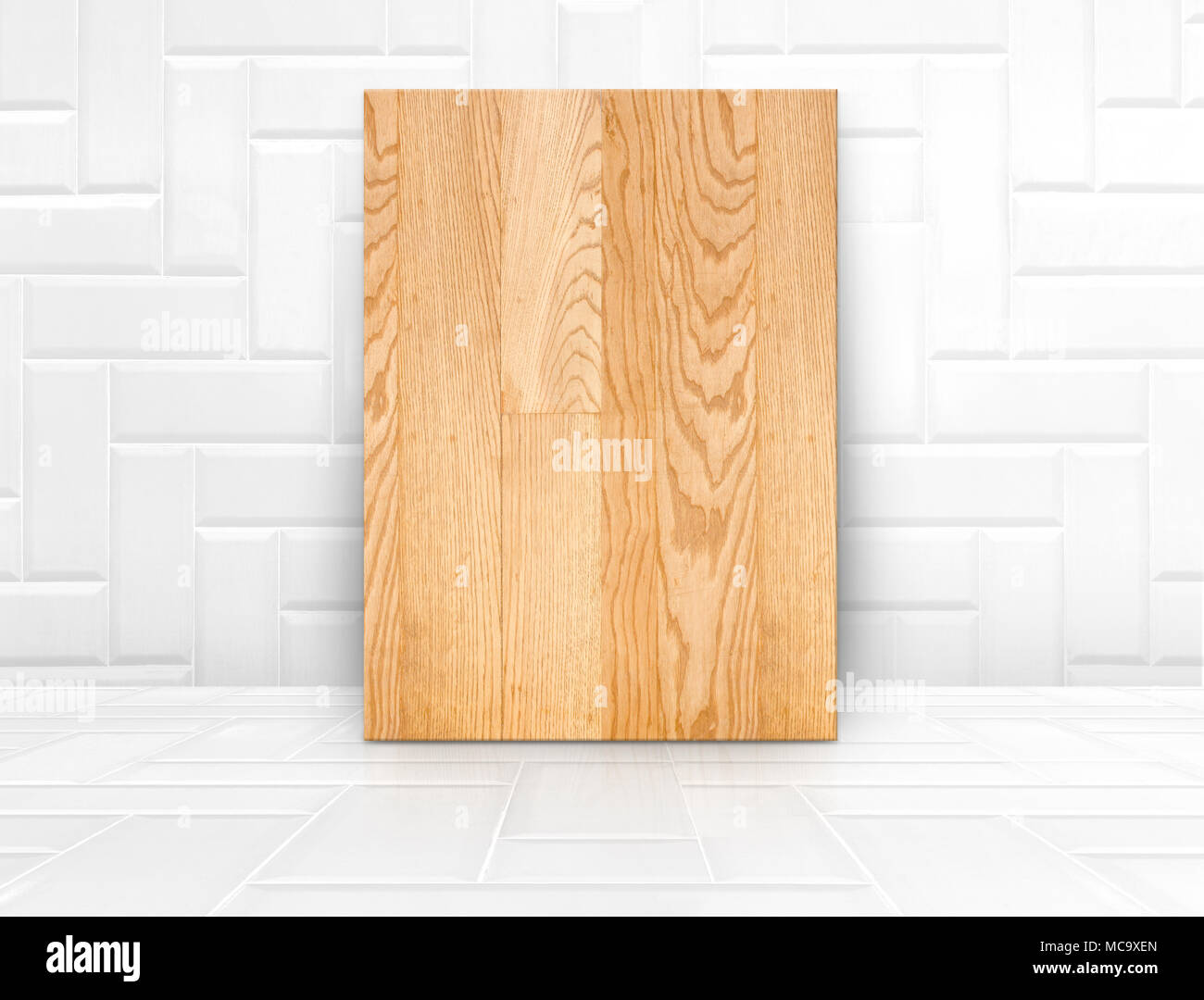 Wood Board Mock Up In Glossy White Tile Ceramic Room Modern