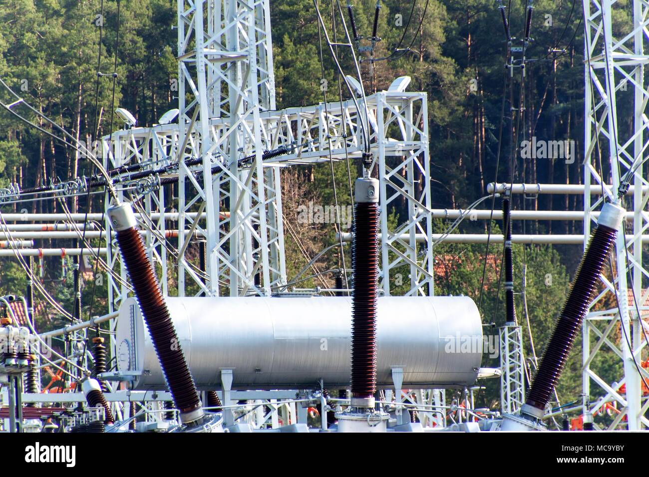 Production of electricity. Energy concept. Substation for high voltage