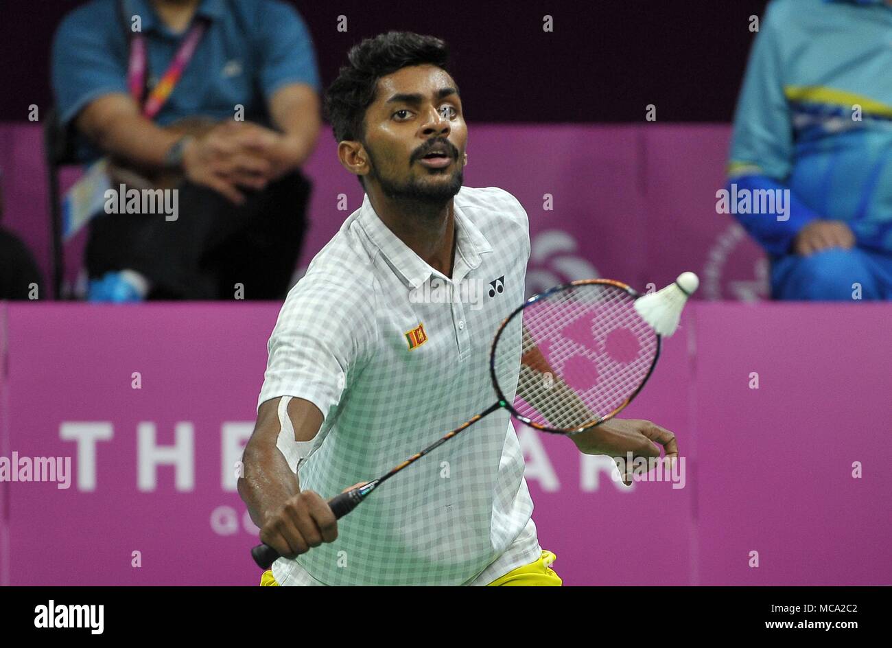 Gold Coast, Australia, 14 April 2018. Sachin Dias (SRI). Mens doubles. Bronze medal match