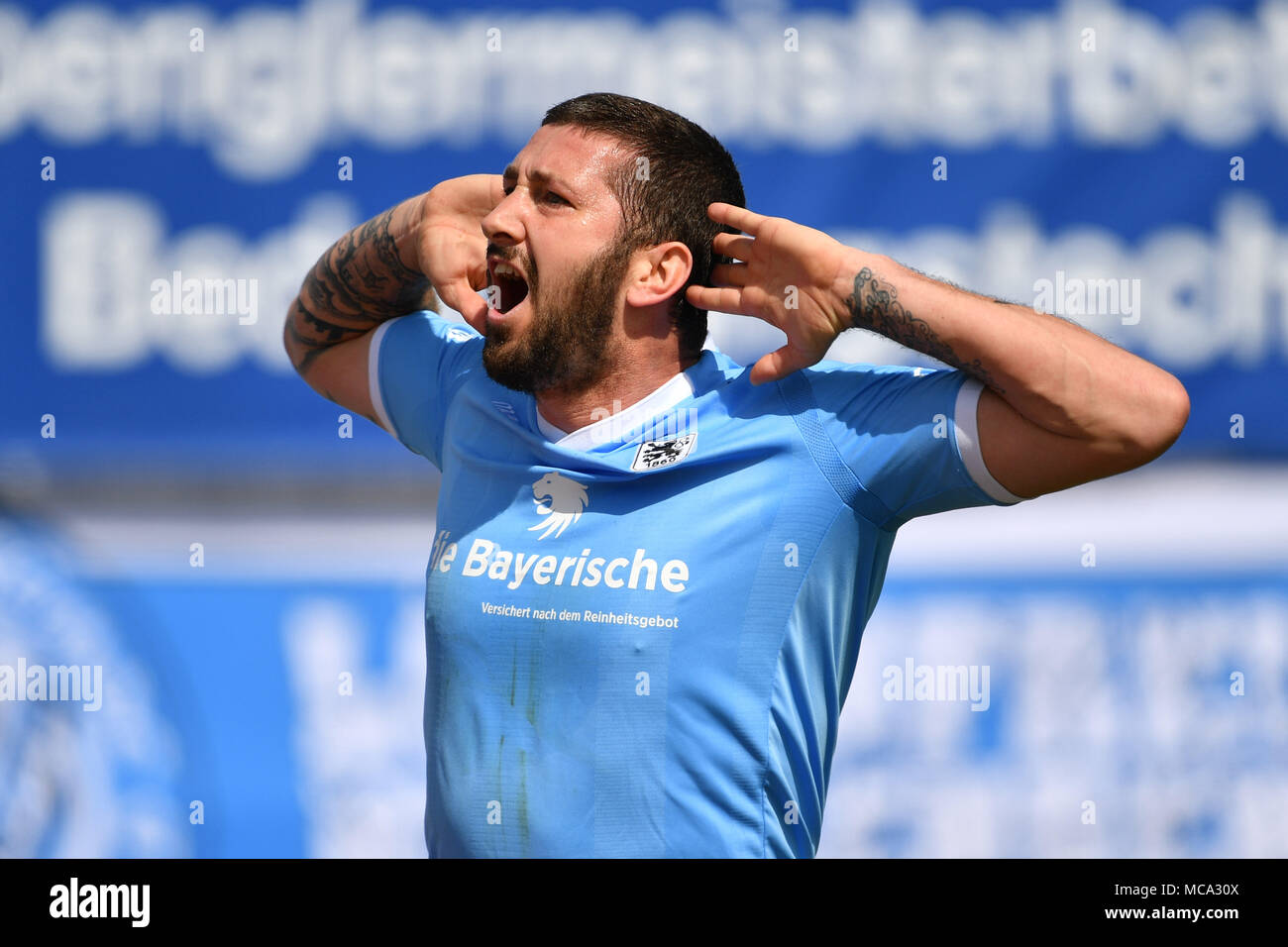 Sascha MOELDERS (TSV Munich 1860), goaljubel action, jubilation, joy, enthusiasm, football Regionalliga Bayern: TSV Munich 1860-VFB Eichstaett, 33.matchday, matchday33, season 2017/18 on 14/04/2018, Stadion an der Gruenwalder Strasse. | usage worldwide Stock Photo