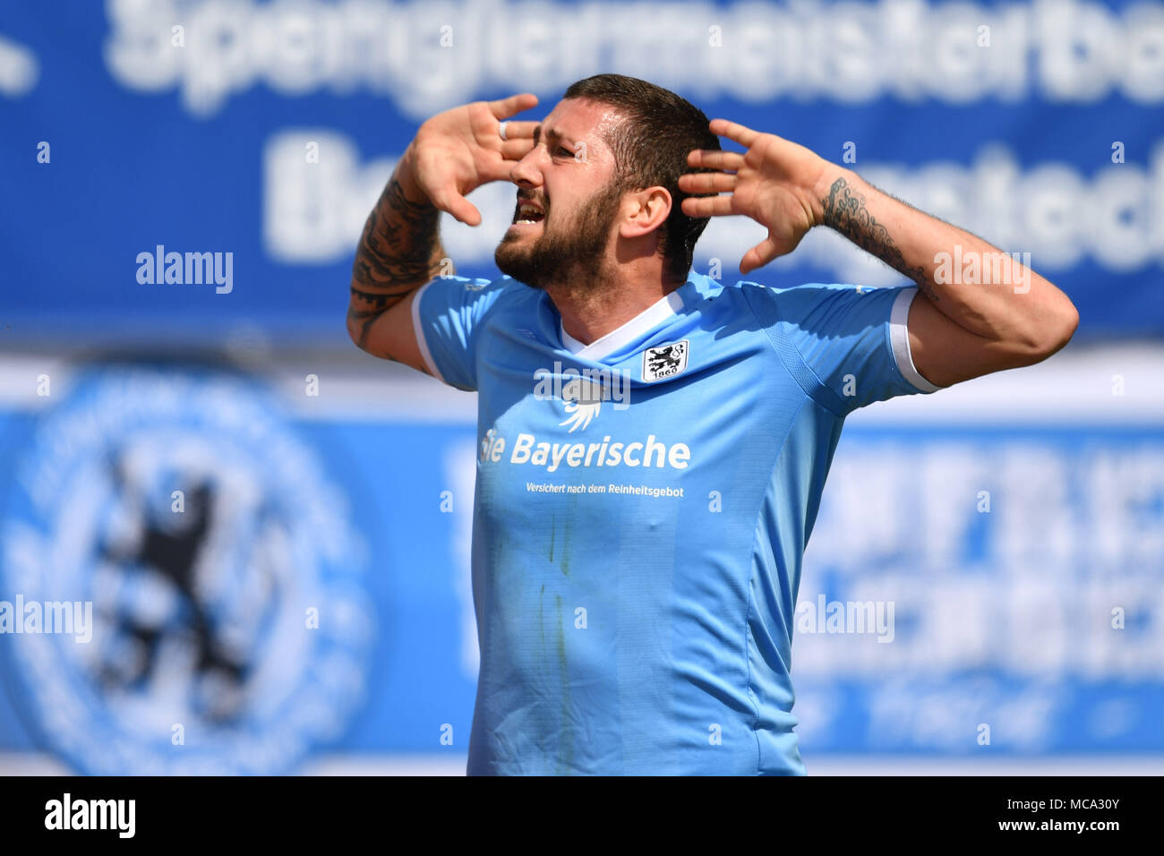 Sascha MOELDERS (TSV Munich 1860), goaljubel action, jubilation, joy, enthusiasm, football Regionalliga Bayern: TSV Munich 1860-VFB Eichstaett, 33.matchday, matchday33, season 2017/18 on 14/04/2018, Stadion an der Gruenwalder Strasse. | usage worldwide Stock Photo