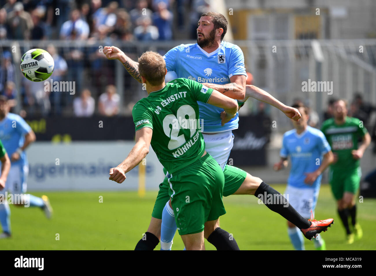 Sascha MOELDERS (TSV Munich 1860), action, duels versus Kevin KUEHNLEIN  (Eichstaett), Soccer Regionalliga Bayern: TSV Munich 1860-VFB Eichstaett,  33.matchday, matchday33, season 2017/18 on 14/04/2018, Stadion an der  Gruenwalder Strasse. | usage ...