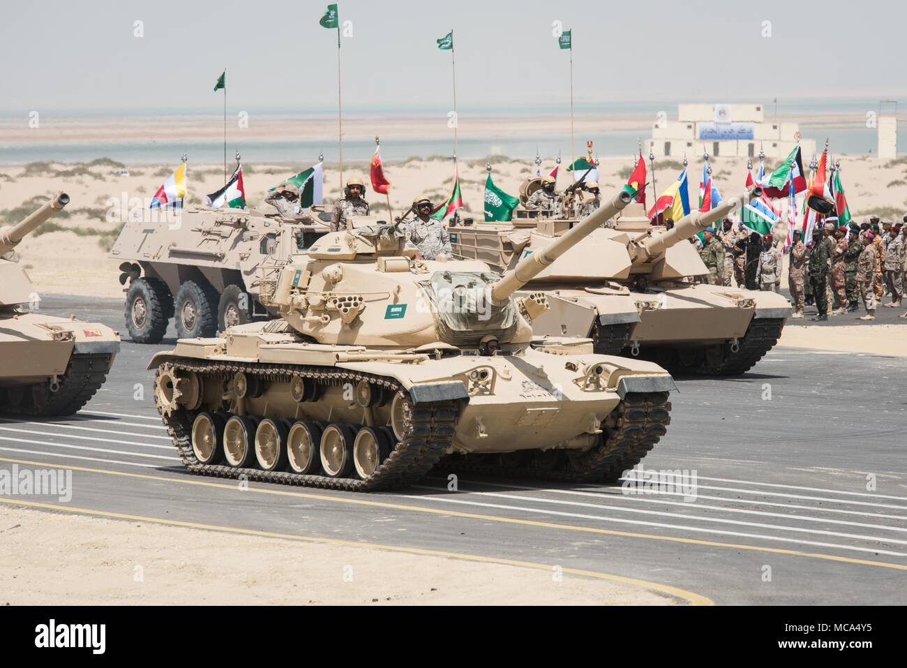 Jubail, Saudi Arabia, 14th Apr, 2018. Photo taken on April 14, 2018 shows armored vehicles during a ceremony show for the "Gulf Shield Joint Exercise-1" in eastern Saudi Arabia. Troops from 25 countries performed a live-ammunition drill in eastern Saudi Arabia on Saturday, one day before the 29th Arab League Summit. Credit: Meng Tao/Xinhua/Alamy Live News Stock Photo
