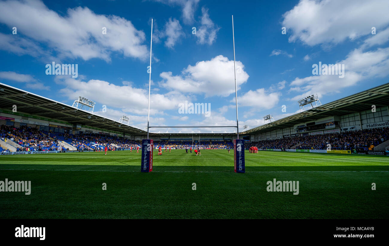 A general view of Halliwell Jones Stadium, home of Warrington Wolves  14th April 2018 , The Halliwell Jones Stadium Mike Gregory Way, Warrington, WA2 7NE, England;  Betfred Super League rugby, Round 11, Warrington Wolves v Hull Kingston Rovers Stock Photo