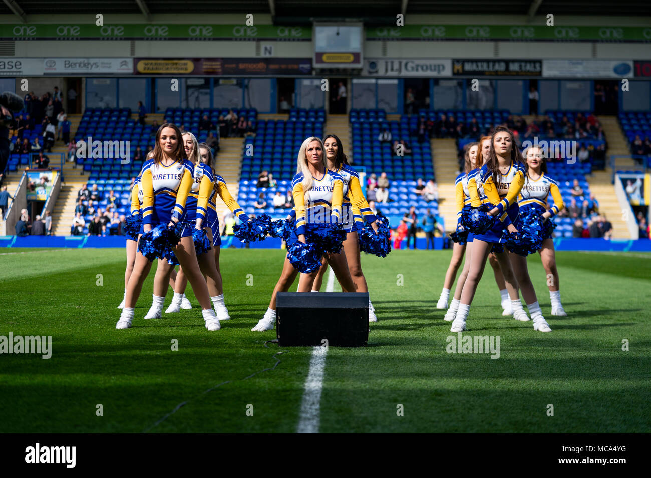 Cheer leaders before kick off  14th April 2018 , The Halliwell Jones Stadium Mike Gregory Way, Warrington, WA2 7NE, England;  Betfred Super League rugby, Round 11, Warrington Wolves v Hull Kingston Rovers Stock Photo