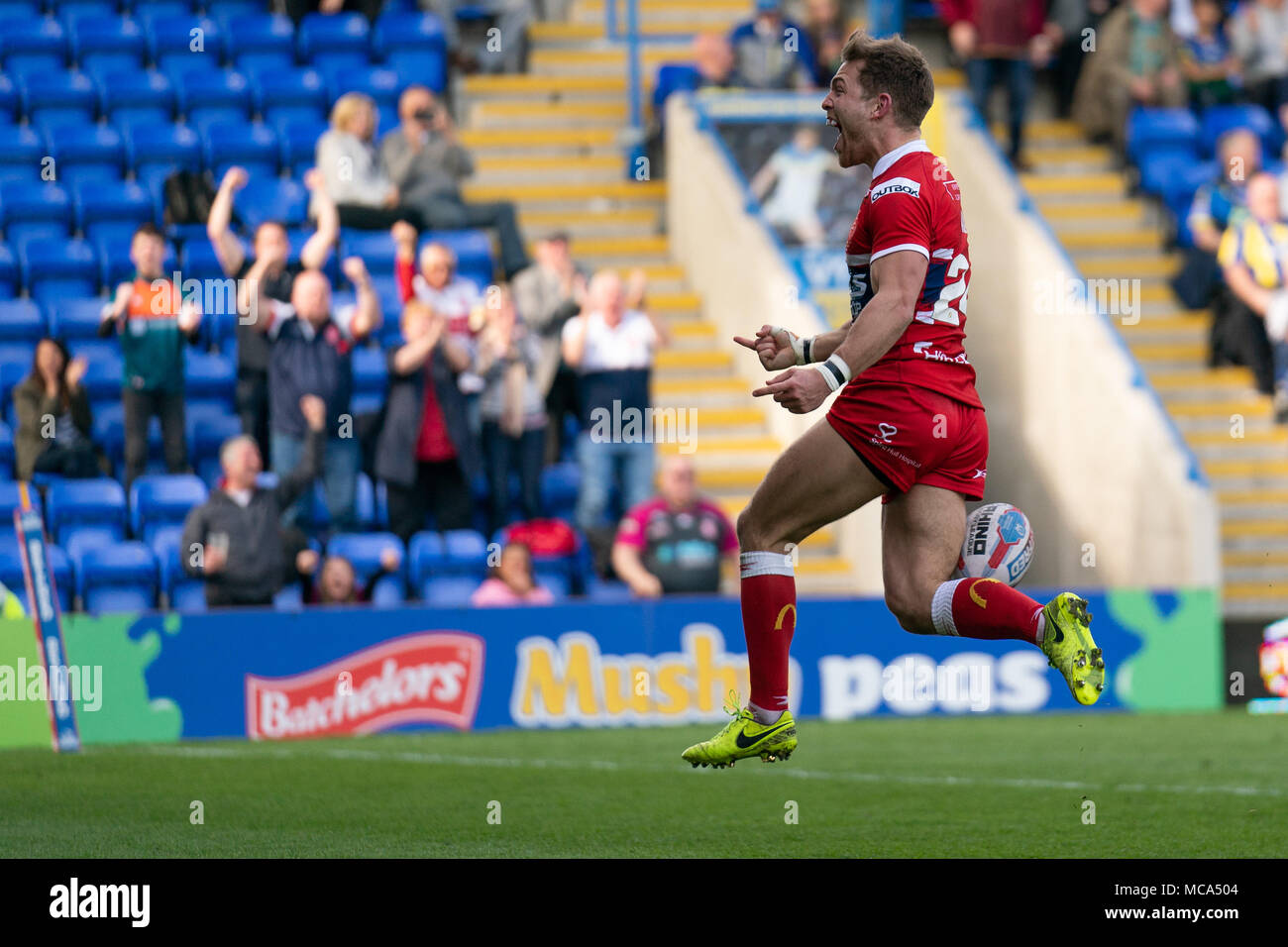 Hull's Chris Atkin celebrates scoring  a try  14th April 2018 , The Halliwell Jones Stadium Mike Gregory Way, Warrington, WA2 7NE, England;  Betfred Super League rugby, Round 11, Warrington Wolves v Hull Kingston Rovers Stock Photo