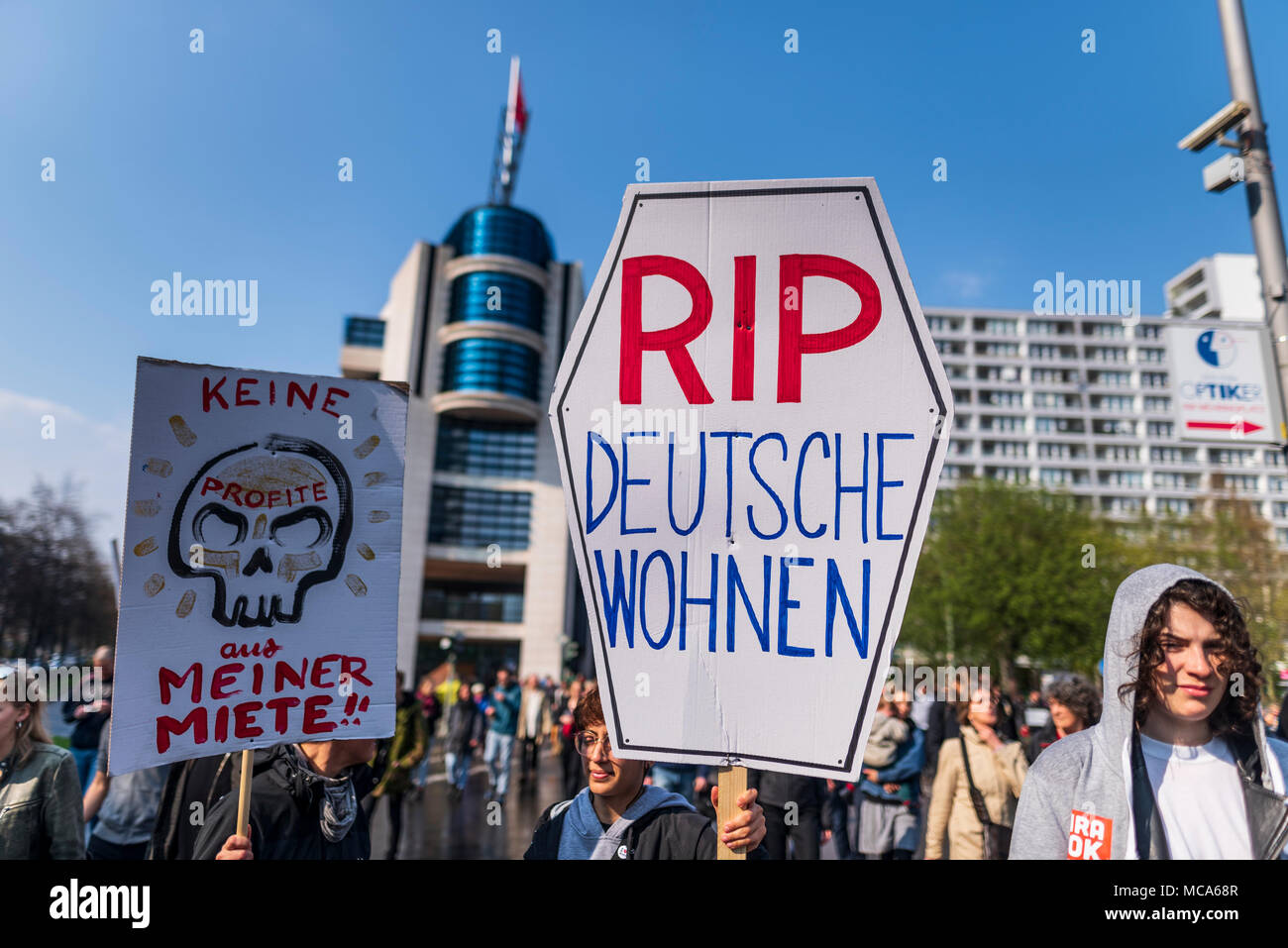 Berlin, Germany. 14th Apr, 2018. ''RIP deutsche Wohnen'' is written on a  sign of a Demonstrant during the demonstration under the motto ''resist  rental madness'' in front of the SPD party central.