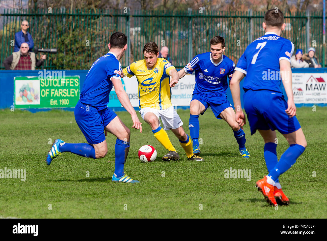 Farsley, UK, 14 April 2018. Warrington Town's Ged Kinsella runs with the ball against Farsley Celtic during Warrington's 2-0 win on Saturday 14 April 2018 in the top of the table clash near the end of the season Credit: John Hopkins/Alamy Live News Credit: John Hopkins/Alamy Live News Stock Photo