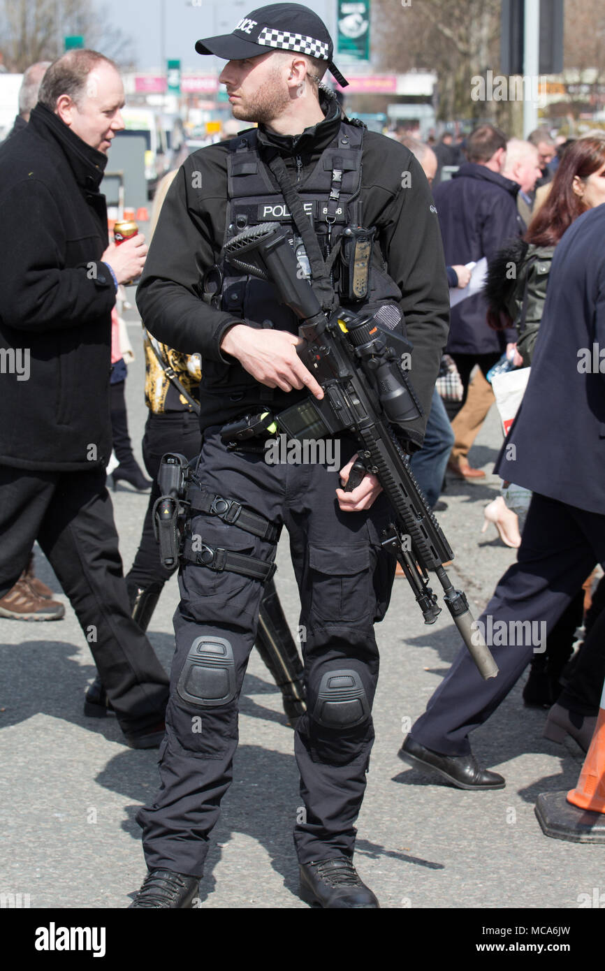 Heavily armed police at The Randox Health Grand National, Aintree, Liverpool. Stock Photo