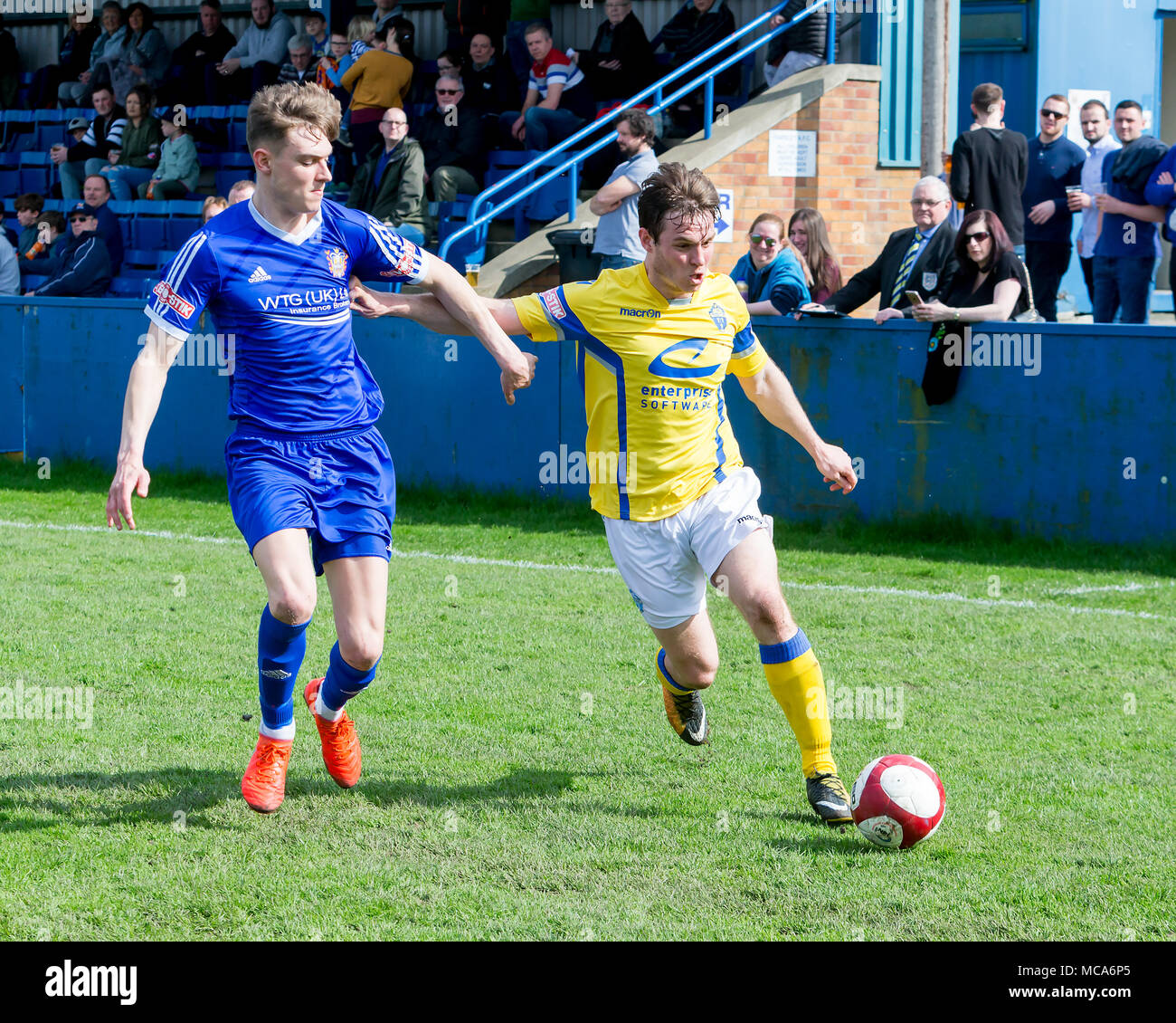 Farsley, UK, 14 April 2018. Warrington Town's Ged Kinsella chases the ball against Farsley Celtic during Warrington's 2-0 win on Saturday 14 April 2018 in the top of the table clash near the end of the season Credit: John Hopkins/Alamy Live News Credit: John Hopkins/Alamy Live News Stock Photo