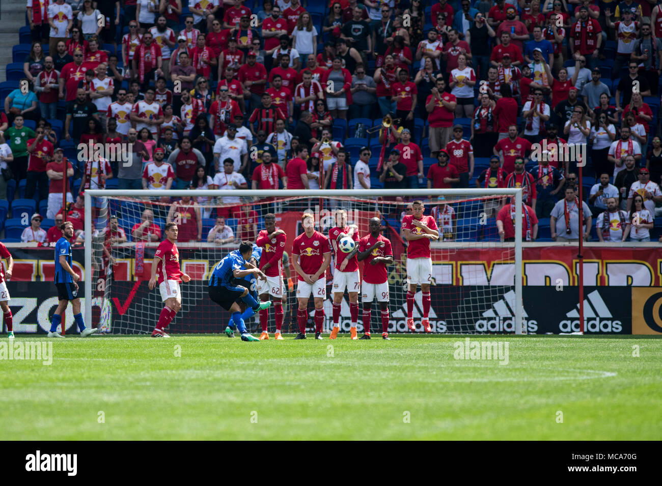 New Jersey, USA. 14th April, 2018. Jeisson Vargas (16) strikes a wonder of a free kick into the top corner for Montreal's only goal of the game. The Red Bulls defeated the Impact 3-1. Stock Photo