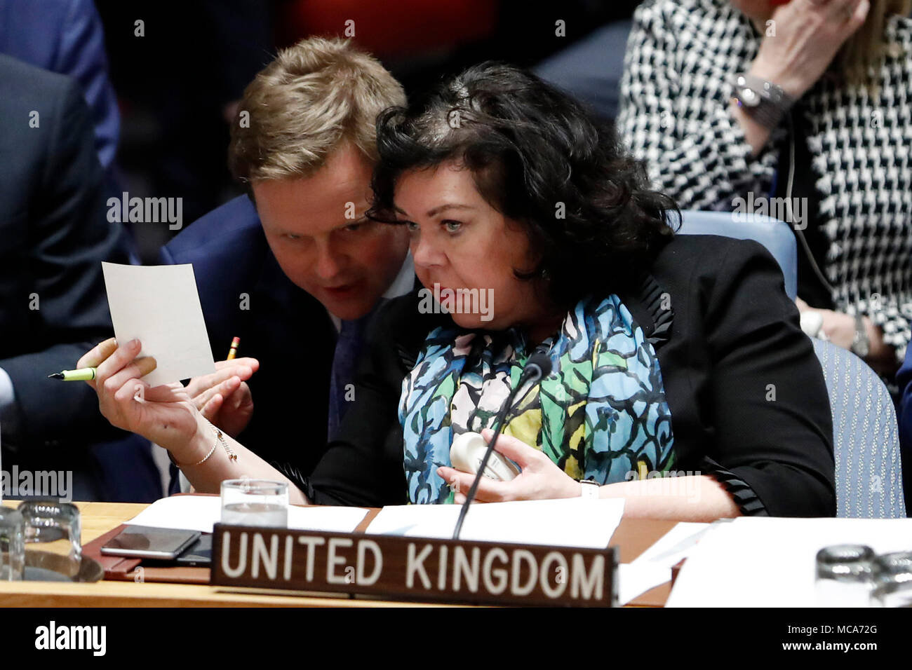 Untied Nations. 14th Apr, 2018. British Ambassador to the United Nations Karen Pierce (Front) listens to one of her delegation during a Security Council emergency meeting on Syria at the UN headquarters in New York, April 14, 2018. UN Security Council held an emergency meeting on Syria requested by Russia on Saturday. UN Secretary-General Antonio Guterres expressed concern over Friday's joint military action against Syria by the United States, France and Britain, and called for adherence to the UN Charter and international law on the issue. Credit: Li Muzi/Xinhua/Alamy Live News Stock Photo