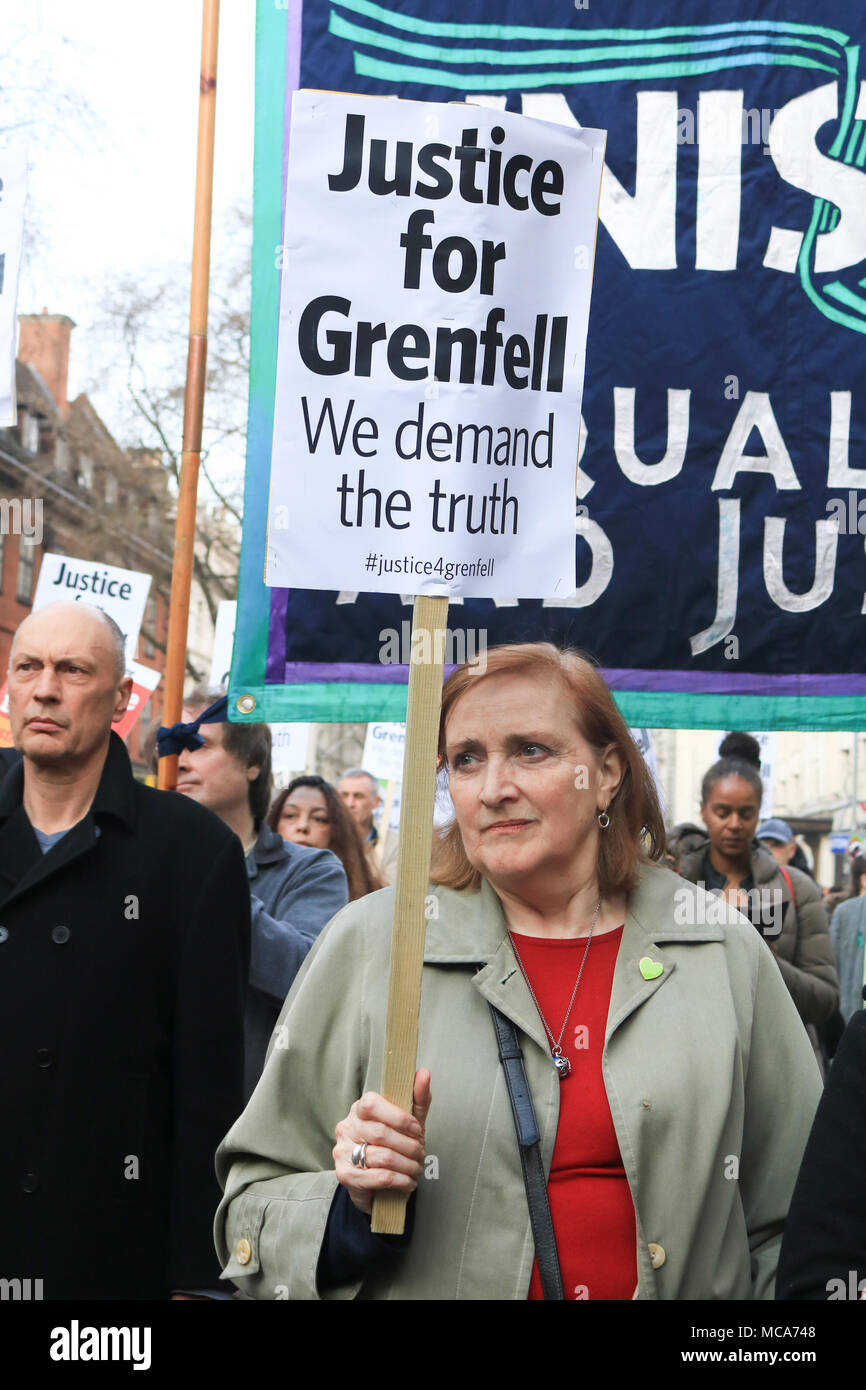 London UK. 14th April 2018. Labour MP for Kensington, Emma Dent Coad joins relatives of bereaved and Grenfell survivors in a protest march from Kensington and Chelsea Town Hall on the 10th month anniversary of the Grenfell fire disaster to demand justice and rehousing for the families  that were affected by the fire tragedy on 14th June 2017 Credit: amer ghazzal/Alamy Live News Stock Photo