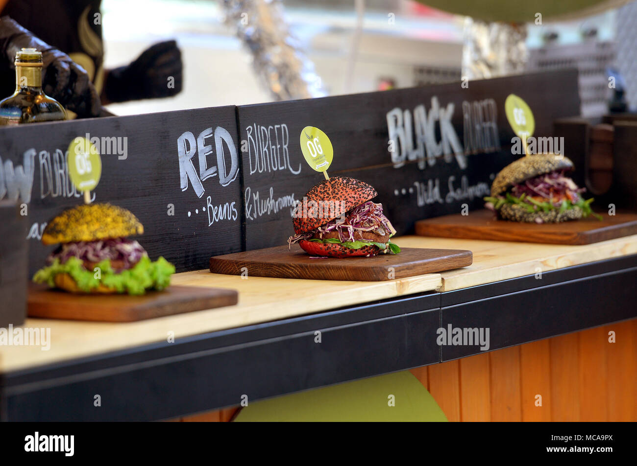 Ljubljana, Slovenia. 14th Apr, 2018. Burgers are presented at the Beer & Burger Fest in Ljubljana, Slovenia, April 14, 2018. The 10th Beer & Burger Fest is held here on April 14 and 15. A wide range of craft beers and gourmet burgers are on offer at the event. Credit: Matic Stojs/Xinhua/Alamy Live News Stock Photo