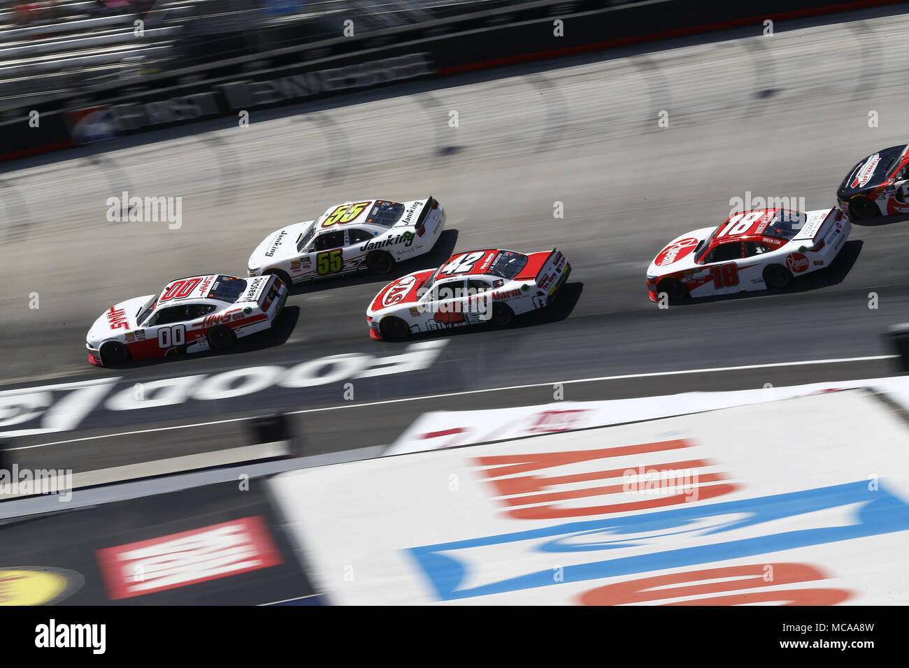 Bristol, Tennessee, USA. 14th Apr, 2018. April 14, 2018 - Bristol, Tennessee, USA: Cole Custer (00), Stephen Leicht (55), John Hunter Nemechek (42) and Ryan Preece (18) battle for position during the Fitzgerald Glider Kits 300 at Bristol Motor Speedway in Bristol, Tennessee. Credit: Chris Owens Asp Inc/ASP/ZUMA Wire/Alamy Live News Stock Photo