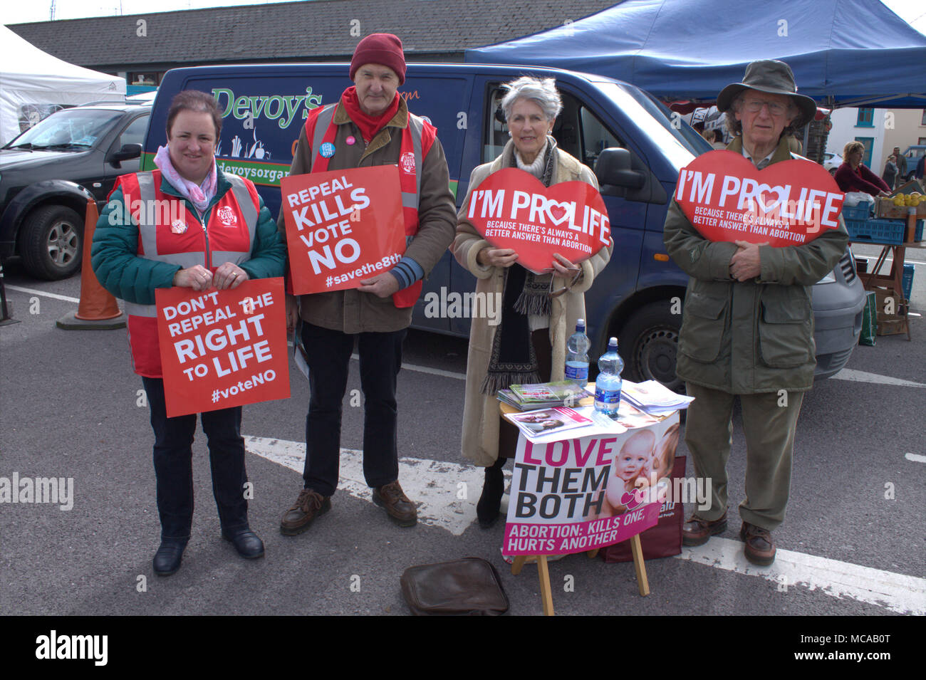 Skibbereen, West Cork, Ireland. 14th April 2018. Pro Life supporters demonstrating in the Farmers Market Skibbereen, against repeal of the 8th ammendment. Credit: aphperspective/Alamy Live News Stock Photo