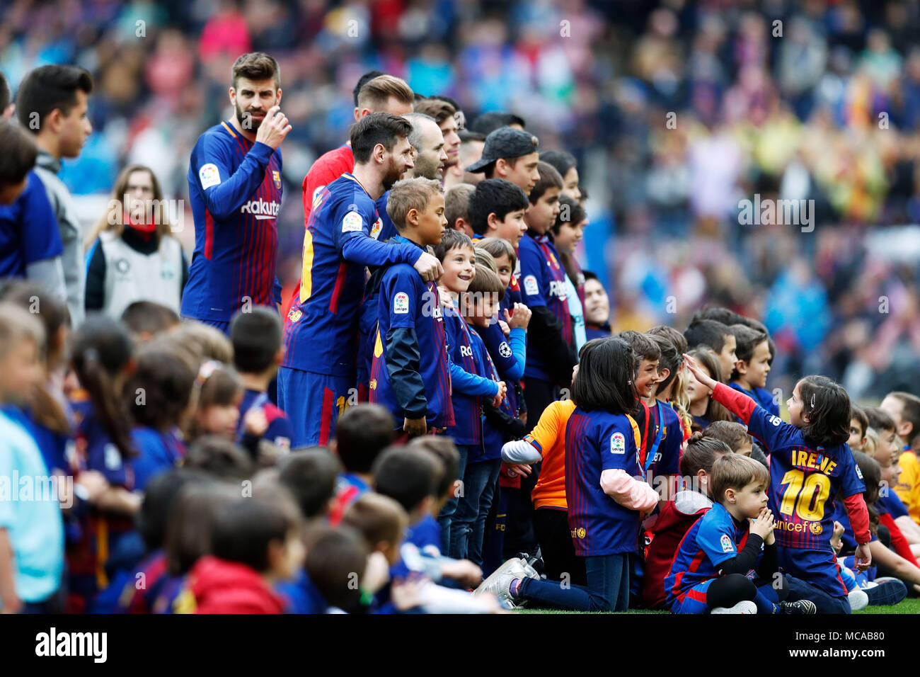 Barcelona, 14th Apr, 2018. Lionel Messi, Barcelona kids fans ( Barcelona) Football/Soccer : Spanish Primera Division "Liga Santander" match between FC Barcelona 2-1 Valencia CF at Camp Nou stadium in Barcelona, Spain.