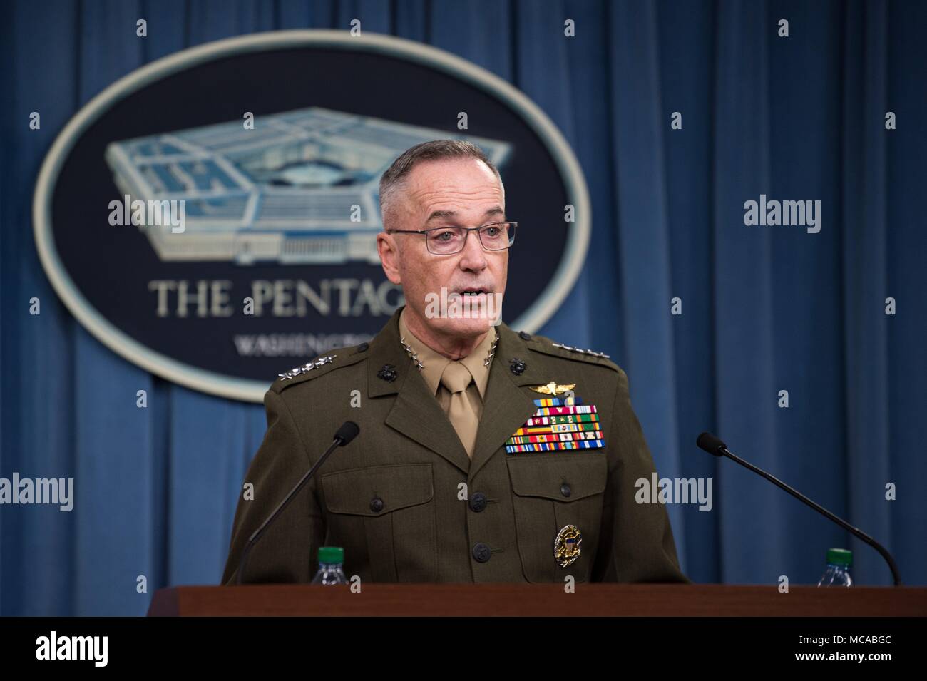 Washington DC, USA  13th April 2018 U.S. Chairman of the Joint Chiefs Gen. Joseph Dunford, briefs reporters on U.S. air and sea strikes on Syria during a joint press conference at the Pentagon April 13, 2018 in Washington, D.C. The U.S., France and the United Kingdom launched a coordinated retaliation for a chemical weapons attack on civilians by the Assad regime. Credit: Planetpix/Alamy Live News Stock Photo