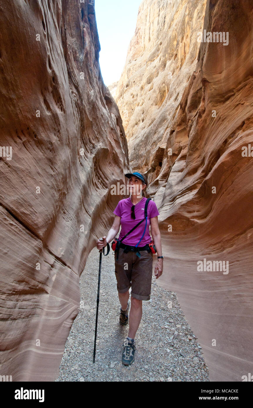 Woman hiking in Little Wildhorse Canyon in the San Rafael Swell Utah  (MR) Stock Photo