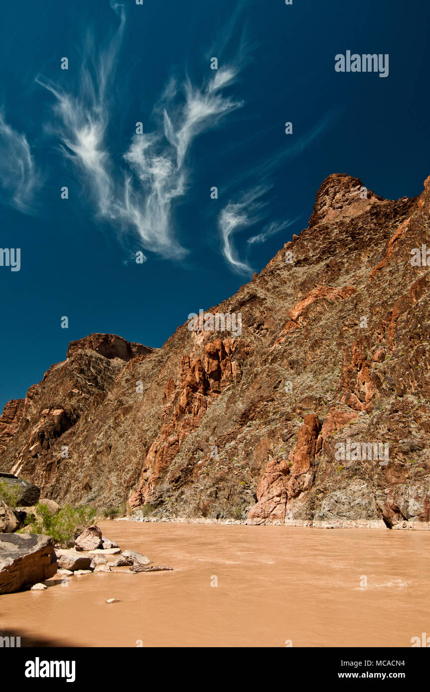 Vishnu schist (dark rock) intruded with zoroaster granite (pink rock) in the Inner Gorge of the Grand Canyon Stock Photo