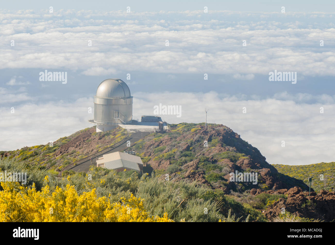 Nordic optical telescope, Roque de los Muchachos Observatory in La Palma,  Canary Islands, in spring with blue sky Stock Photo - Alamy