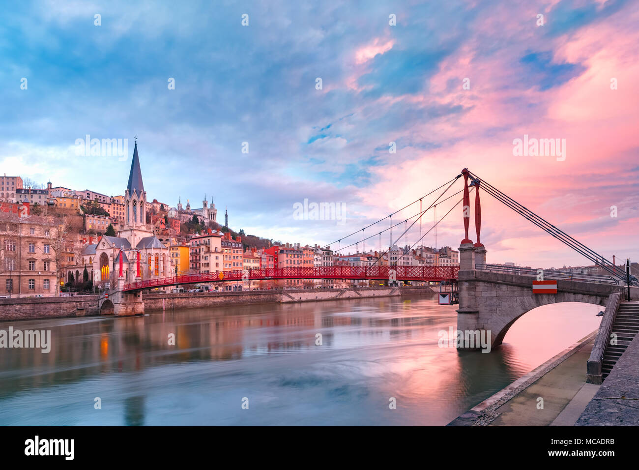 Old town of Lyon at gorgeous sunset, France Stock Photo