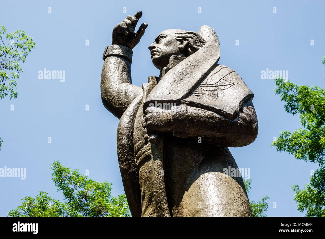 Mexico City,Mexican,Hispanic,Coyoacan,Del Carmen,Jardin Plaza Hidalgo,public park,monument,statue,Don Miguel Hidalgo,War of Independence leader MX1803 Stock Photo