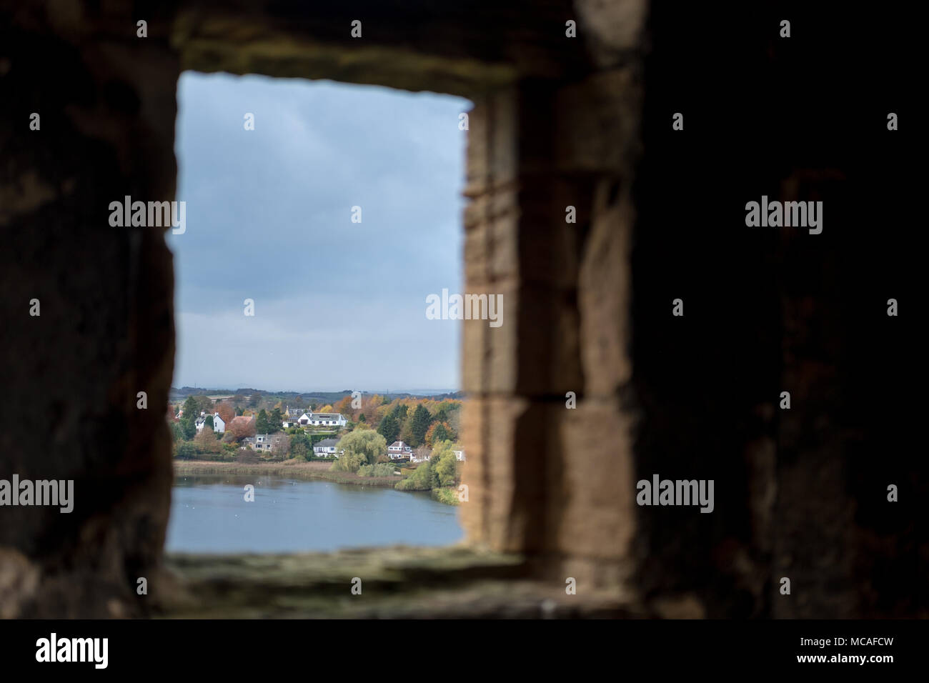 View of Linlithgow Loch, from the window of Linlithgow Palace Stock