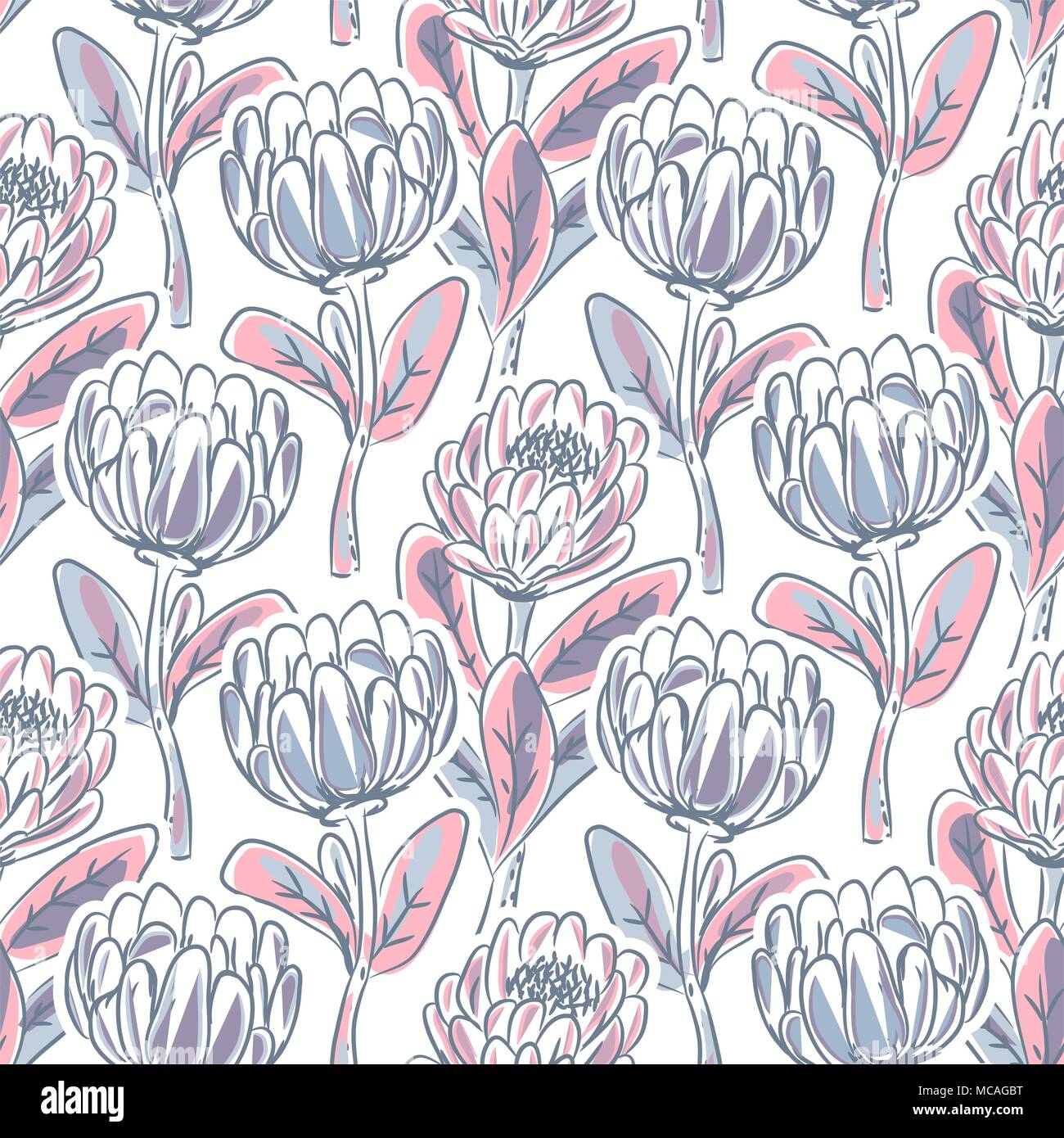 Hand drawn protea flower seamless vector pattern. Stock Vector