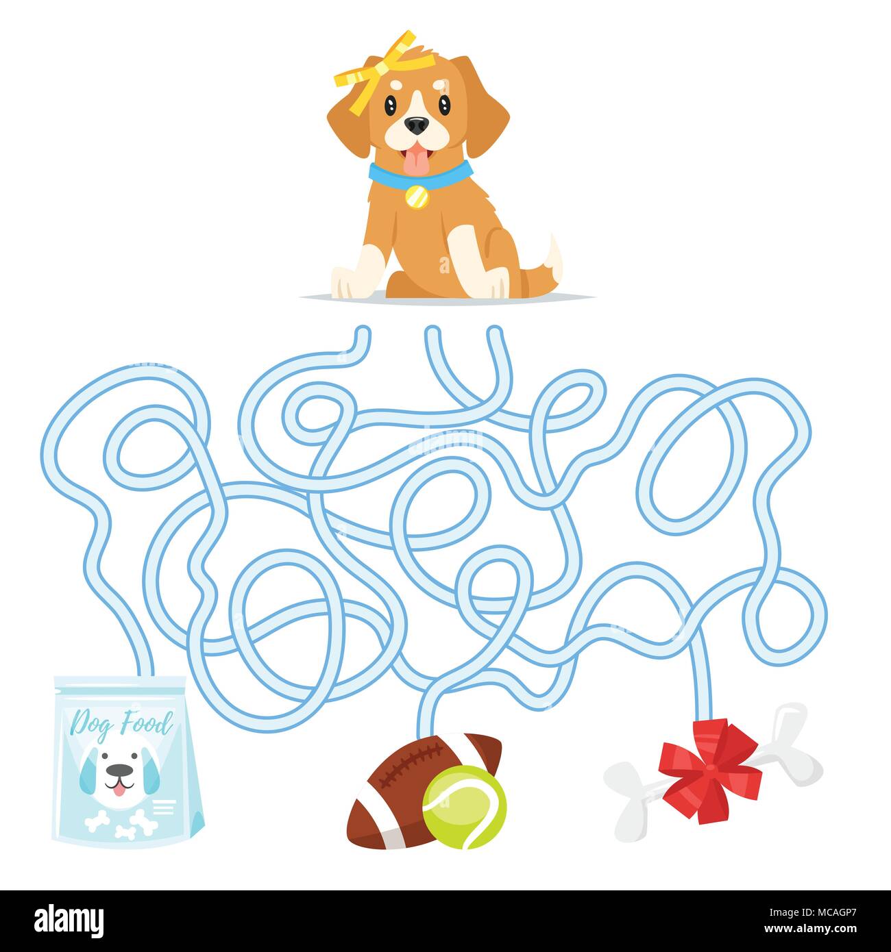 Vector cartoon style illustration of funny maze or labyrinth for children. Help the puppy dog find food, ball or bone. Stock Vector