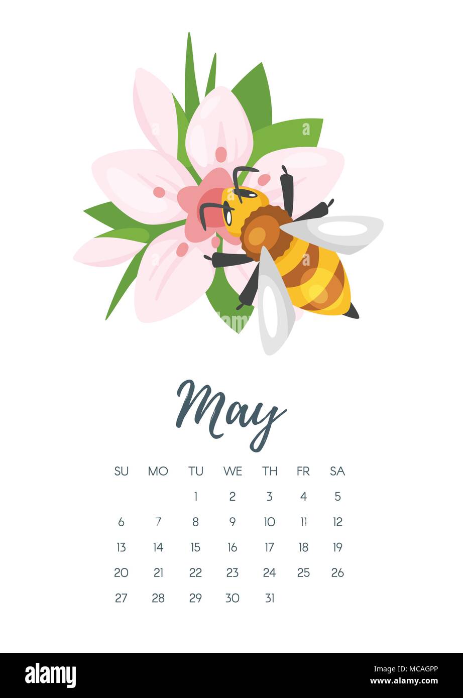Vector cartoon style illustration of May 2018 year calendar page with ...