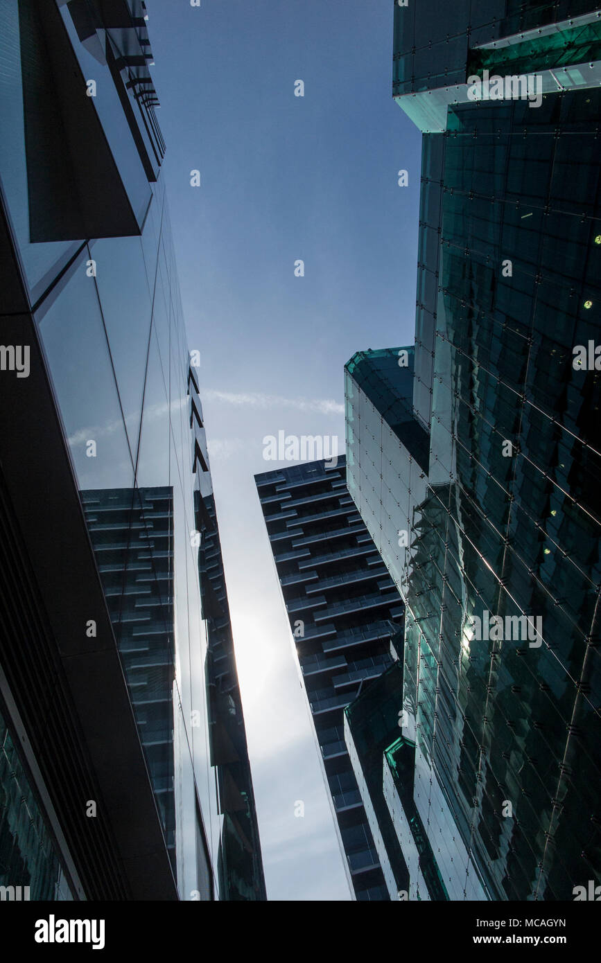 A dramatic view of the Heron Building and surrounding Stock Photo