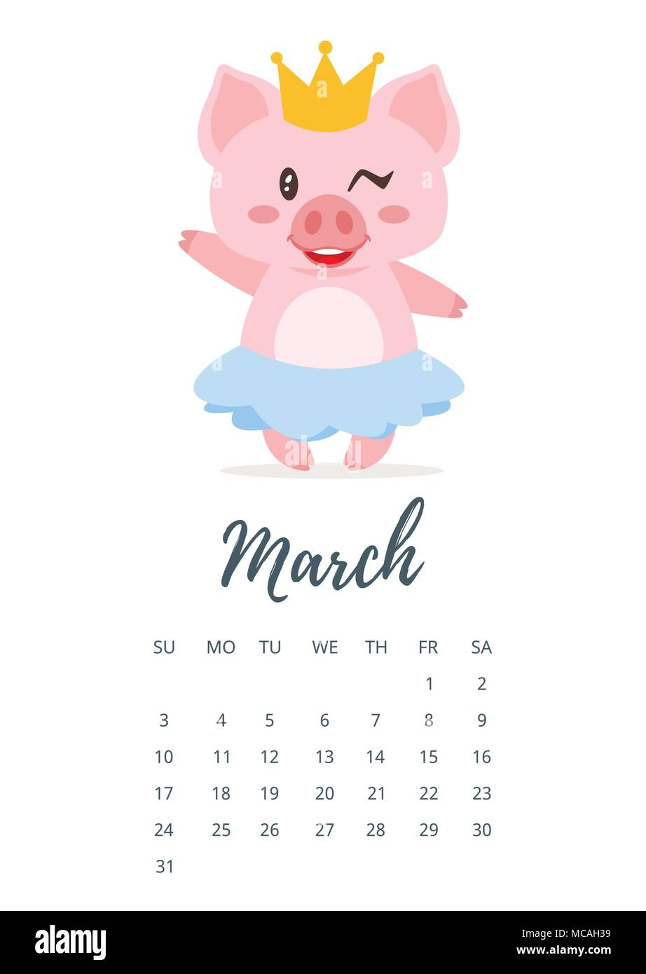 Vector cartoon style illustration of March 2019 year calendar page with ...