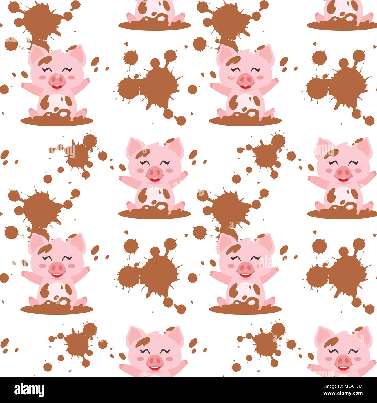 Vector cartoon style seamless pattern with cute happy pink pig bathing in mud. White background. Stock Vector