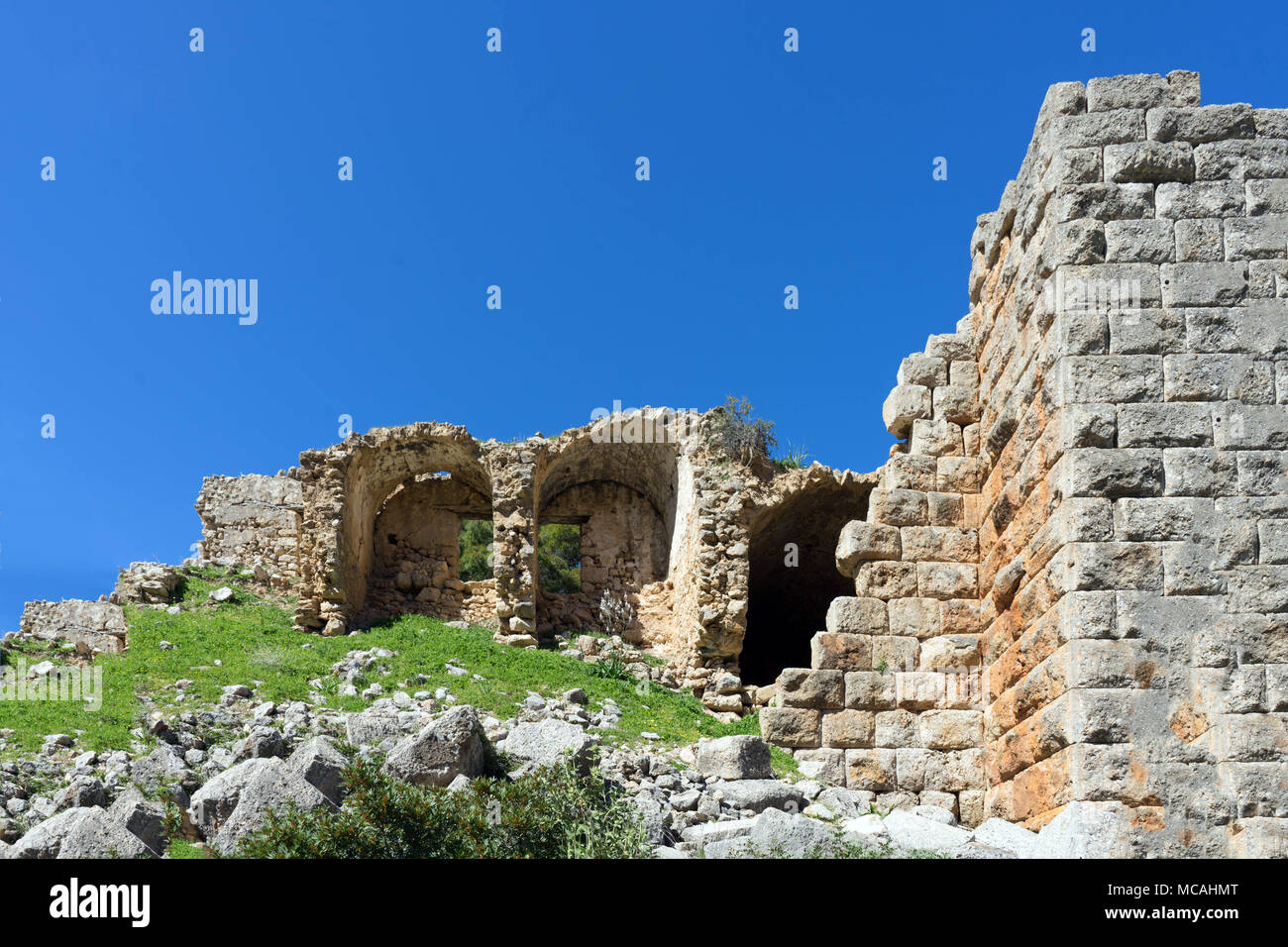the ruins of the ancient Greek fortress Aigosthena Stock Photo