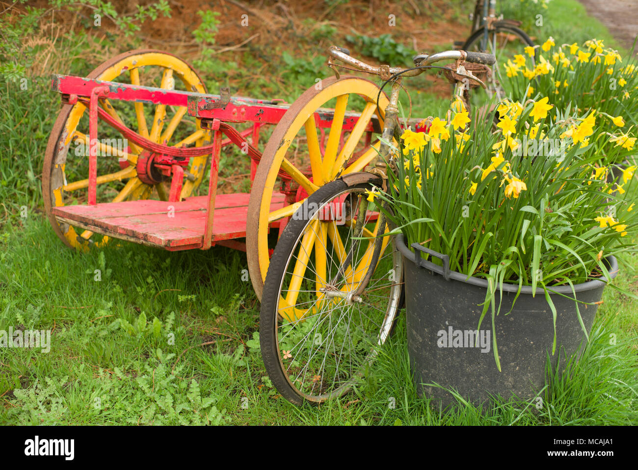 Old bicycle and cart in a garden Stock Photo Alamy