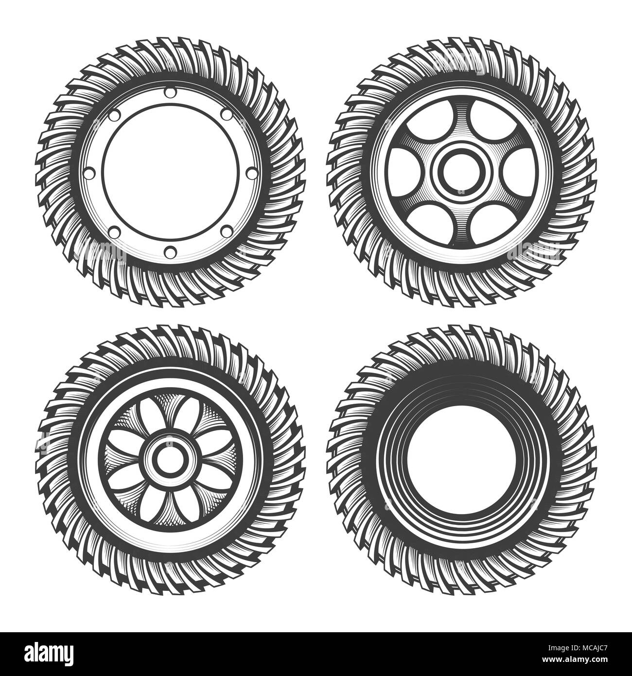 Hand drawn set of gear wheels in engraving style isolated on white. Vector illustration. Stock Vector