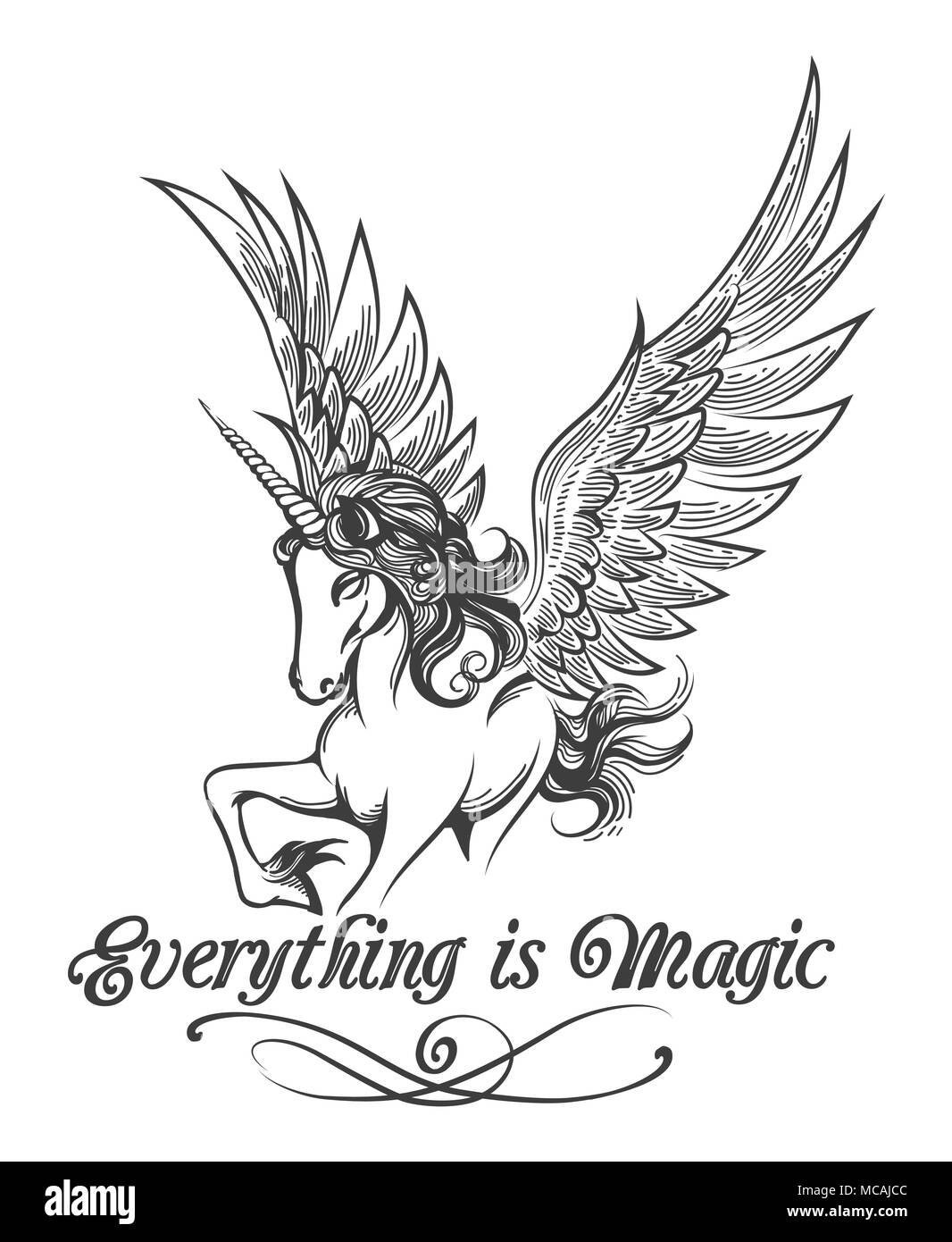 Flying Unicorn and wording Everything is Magic drawn in tattoo style isolated on white. Vector illustration Stock Vector