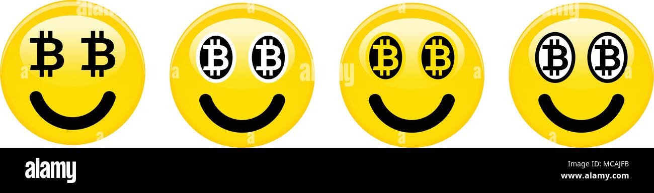 Bitcoin smiley emoticon. Yellow 3d emoji with black and white btc symbols in place of eyes. Stock Vector