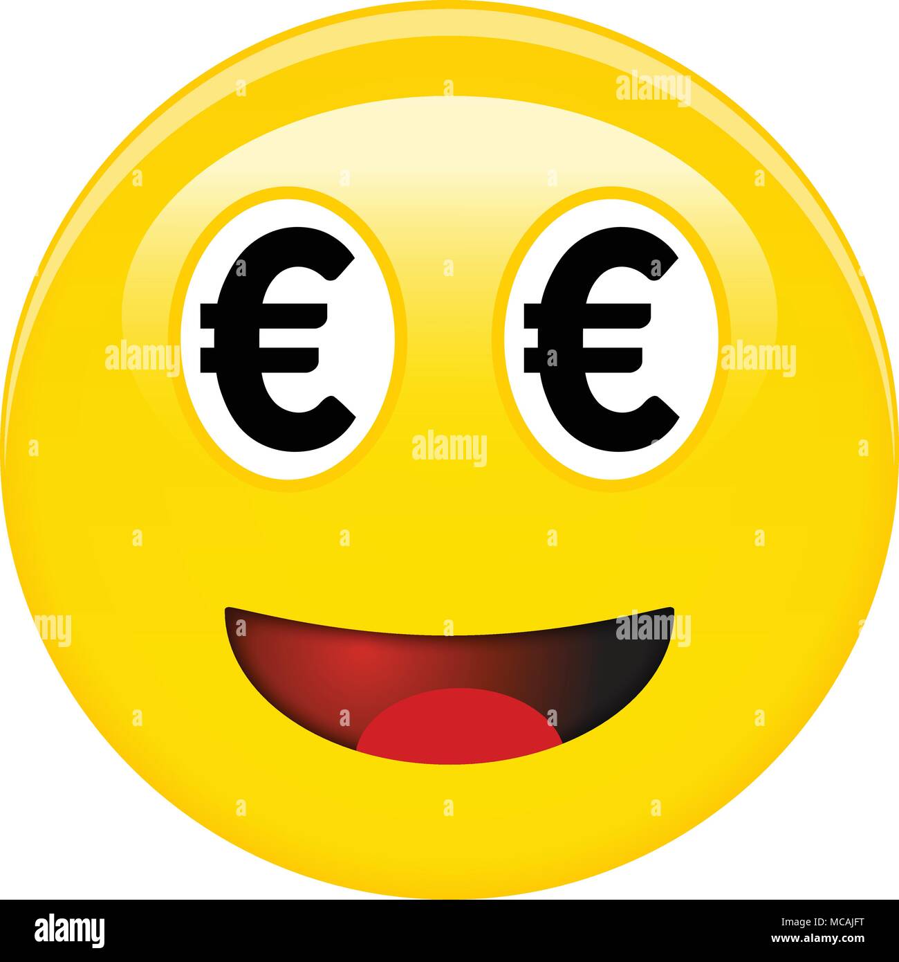 Euro smiley emoticon. Yellow laughing 3d emoji with black eur symbols in place of eyes and red opened mouth. Stock Vector
