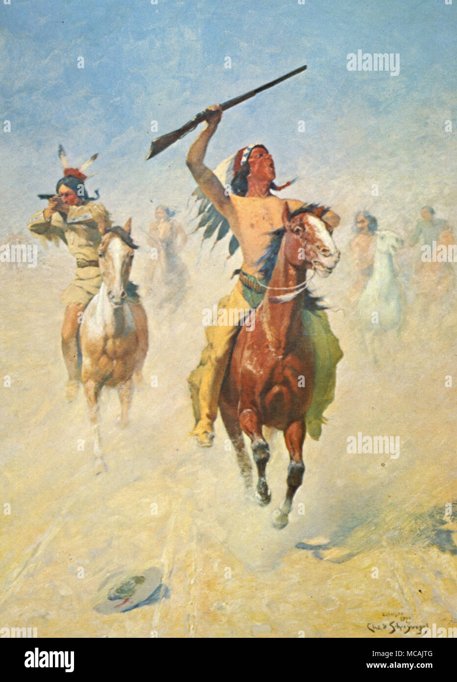 In pursuit of an army column braves hold and fire their weapons.  Charles Schreyvogel (January 4, 1861-January 27, 1912) was a painter of Western subject matter in the days of the disappearing frontier. Schreyvogel was especially interested in military life. Stock Photo