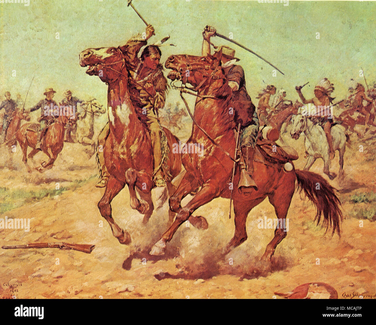 Bluecoat and Indian battle with Tomahawk and Sabre mounted on horseback.  Charles Schreyvogel (January 4, 1861-January 27, 1912) was a painter of Western subject matter in the days of the disappearing frontier. Schreyvogel was especially interested in military life. Stock Photo