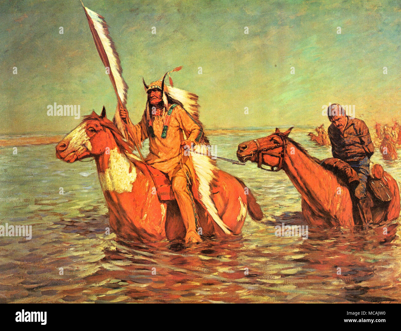 Bluecoat Prisoner on is horse and tied being led by an Indian and followed by a column of braves crossing a stream.  Charles Schreyvogel (January 4, 1861-January 27, 1912) was a painter of Western subject matter in the days of the disappearing frontier. Schreyvogel was especially interested in military life. Stock Photo