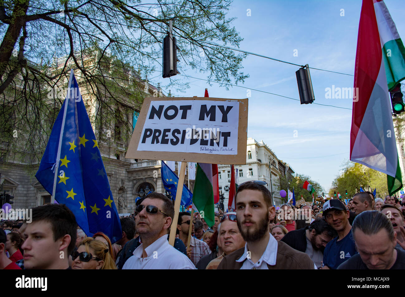 BUDAPEST, HUNGARY - APRIL 14, 2018: Political protest demonstration against the recently elected government for 'real democracy'. The rally was organi Stock Photo
